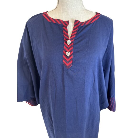 The Working Women Navy Blue 3/4 Sleeve Tunic Dress W/ Red Embroidery & Button De - Picture 2 of 12